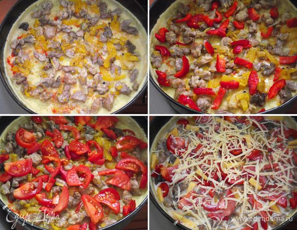 Включить духовку на 180 град. Раскатать тесто в корж толщиной не более 1 см, сделать проколы вилкой Сформировать бортики. Овощи нарезать соломкой. Выложить мясо с тыквой, затем перец, помидоры, посыпать все тимьяном. Сливки взбить с яйцом и залить начинку так, чтобы верх пирога «не тонул». Сверху натереть твердый сыр. Запекаем около 40-45 минут до золотистой корочки.