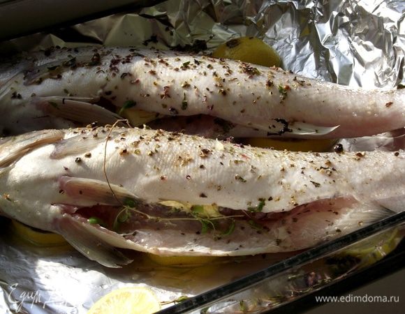 Включаем духовку на 200 градусов. Стеклянную форму застелить фольгой и смазать оливковым маслом. Уложить судака на кружочки лимона, накрыть форму фольгой и поставить в духовку на 15 минут.