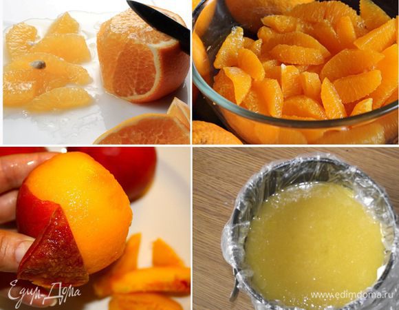 Для апельсинового слоя залить желатин соком, оставить на 10 минут. Очистить филе апельсина и снять шкурку с персика. Отправить все в блендер и взбить с сахаром. Влить коньяк в пюре, добавить желатин, отправить на огонь и прогреть до полного растворения желатина, но не кипятить. Вылить холодное желе на застывший слой, поставить в холодильник до полного застывания.