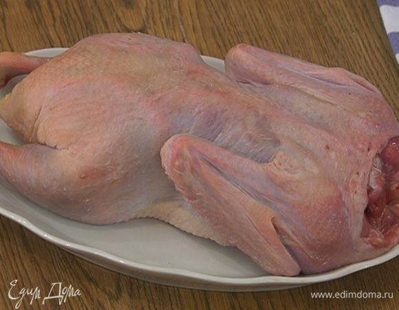 Утку вымыть, обсушить и выпотрошить, шейную часть отрезать, потроха и шейку поместить в небольшую кастрюлю.