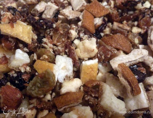 Половину миндаля измельчит в крошку. Изюм промыть и залить кипятком на 5 минут. Процедить. Смешать в миске изюм, цукаты, миндаль и залить ромом. Закрыть крышкой и оставить на ночь в комнате.