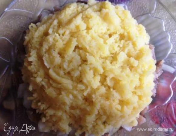 Сверху выложить слой тертой картошки и намазать майонезом.