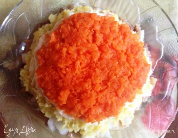 Следующий слой - морковь, намазать майонезом.