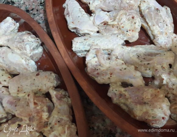Выкладываем крылышки в глиняные тарелки и отправляем запекаться в духовку при температуре 200 С до румяной корочки.