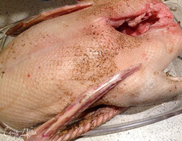 Тушку гуся хорошо вымыть и замочить в холодной воде на 3 часа. У меня нет такой большой емкости, поэтому я замочила в раковине.
Достать гуся, подсушить бумажным полотенцем. Натереть солью.