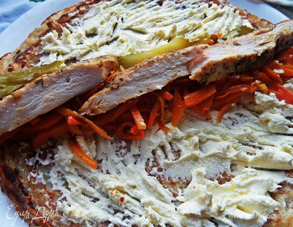 Сверху ломтики готовой курицы/индейки. Одного филе хватает на 5 блинов.