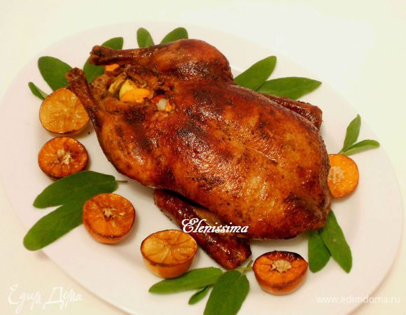 Чатни подогреть. Оставшуюся хурму очистить и нарезать кубиками, добавить к чатни, не перемешивать. Свежая хурма здесь исключительно для цветового контраста.

Если подавать утку целиком, то переложите её на большое блюдо, вокруг разместите запечённые половинки цитрусовых и свежий шалфей. Чатни подайте отдельно.