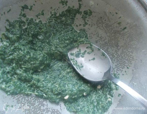 Затем,все тесто процедить через сито,а оставшийся шпинат с помощью ложки протереть.