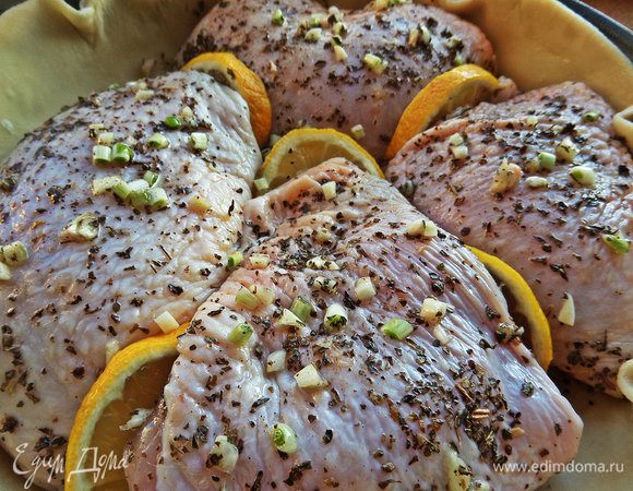 Между кусочками выложить полукруги лимона.