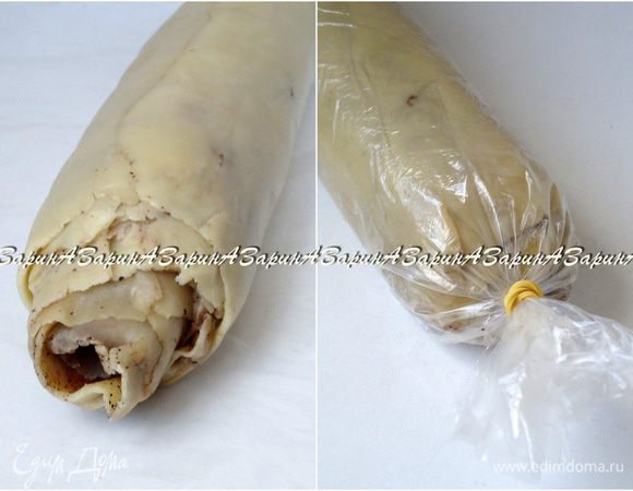 Далее делать все то же самое, как с пластом смазанным какао-порошком. Размер каждого следующего пласта немного увеличивается по ширине, а длина остается прежней примерно 30 см. Накладываем каждый последующий слой, пока не закончится тесто. 

Когда «ствол» сформирован, обернуть его пленкой, на которой раскатывали тесто и убрать на несколько часов в холод. Я делала заготовку вечером и убрала её на ночь в холодильник. А утром приступила к разделке.