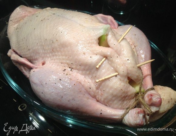 Зашейте брюшко нитками или зубочистками, и запекайте 2 часа.