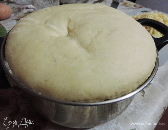 Замешиваем мягкое тесто. Добавляем масло и тщательно вымешиваем. Делаем из теста шарик, кладем в миску, накрываем полотенцем и ставим в теплое место, чтобы тесто подошло. Сделать обминку и поставить подходить снова. Тесто должно увеличиться минимум в два раза. У меня выросло раза в три.