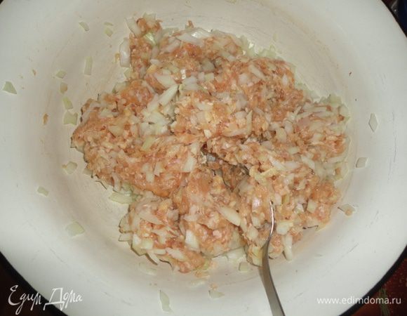 Фарш смешать с мелко нарезанным луком.