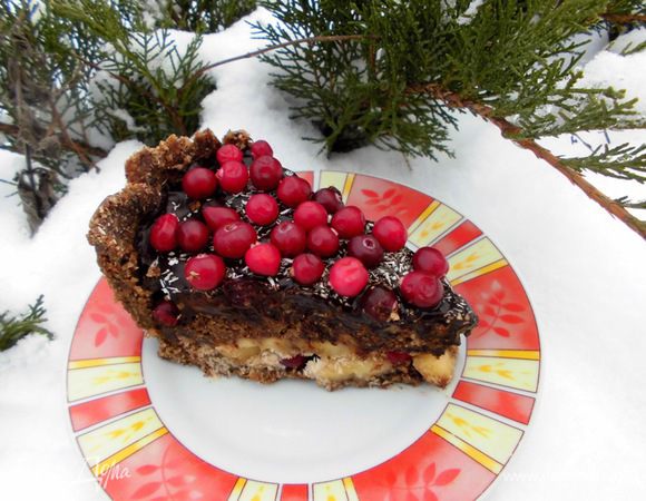 Приготовить глазурь из оставшихся ингредиентов и залить ею поверхность торта. Снова убрать его в морозилку и оставить до тех пор, пока глазурь не схватится.

Хорошо застывший торт вынуть из морозилки, достать из формы и освободить от бумаги для выпечки. Выложить на блюдо, присыпать оставшейся кокосовой стружкой и клюквой. Нарезать на кусочки и угощать себя, своих родных и близких! И есть этот торт нужно обязательно с наслаждением! :-) Приятного аппетита!
