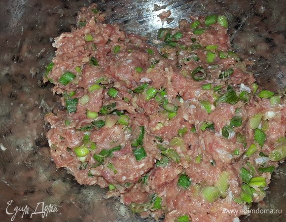 Фарш посолить, поперчить, выдавить чеснок, добавить оставшийся лук с белой частью и тщательно перемешать.