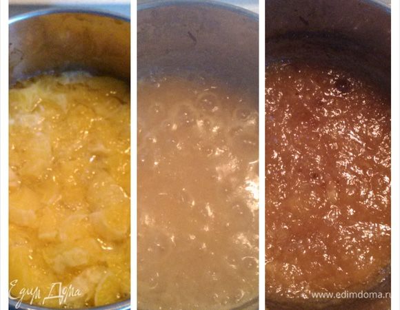 Тем временем приготовим апельсины. Очистить их от кожуры и грубых белых прожилок, залить водой и уварить. Когда они станут помягче, горькую воду слить, налить новой и уварить еще раз. Сахар и лимонный сок добавляйте постепенно по вкусу, т.к. вареные апельсины мне показались вовсе безвкусными) Пюрировать погружным блендером и еще уварить. Слегка остудить.