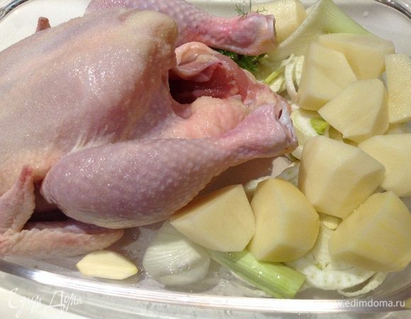 Положить в жаропрочную емкость (у меня с крышкой, если её нет, то можно накрыть фольгой). Фенхель нарезать кружками, картофель очистить, чеснок очистить и все добавить к курице.