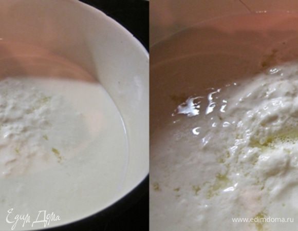 Теперь необходимо прибавить жар под кастрюлей и внимательно следить за тем, что в ней происходит. Температура молочной смеси не должна превышать 80 градусов, т. е. наша задача не дать содержимому кастрюли закипеть. Поскольку у меня кухонного термометра нет, я ориентировалась на внешние признаки процесса. Видно, что содержимое кастрюли начинает "створаживаться", на поверхности появляются хлопья творожка, которые полностью закрывают поверхность. Через некоторое время появляется маленький "кратер", в котором видны признаки начинающегося бурления. Это момент прекращения нагрева смеси. После этого выключаем горелку и... владельцы "электричества" просто накрывают кастрюлю крышкой и оставляют на час в покое. Владельцы газа, выключают духовку и ставят кастрюлю туда, тоже на час.
