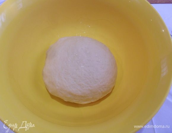 Смазываем миску маслом и отправляем туда тесто, накрываем полотенцем и даем подойти 1,5 часа.