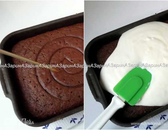 Пирог поместить обратно в форму, проткнуть шпажкой (почаще) и залить сверху кремом.