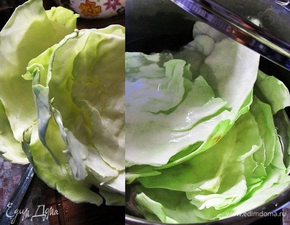 Капусту вымыть, разобрать на листья. Если при этом они при этом повредятся, это не страшно. В фарш добавить соль и специи по вкусу. Поставить на огонь кастрюлю с водой, добавить 1 ст. л. соли, довести до кипения. Убавить огонь, положить капусту и проварить около 8 минут. Вынуть листья шумовкой и положить в дуршлаг, чтобы стекла вода.