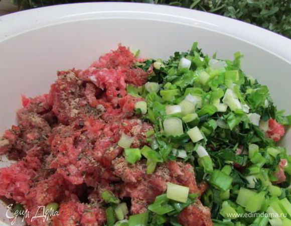 Смешать зелень с мясным фаршем, добавить воду, по желанию добавить любимых специй (я использовала упаковку смеси “Котлеты мясные по-домашнему”). Посолить и поперчить. Тщательно перемешайте и отбейте фарш о рабочую поверхность. 