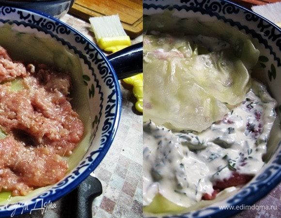 Нагреть духовку до 170 градусов. Жаропрочную посуду смазать маслом. Дно выложить капустными листьями. Сверху разровнять фарш, смазать майонезно-сметанным соусом. Повторить. Верхний слой - капустные листья.