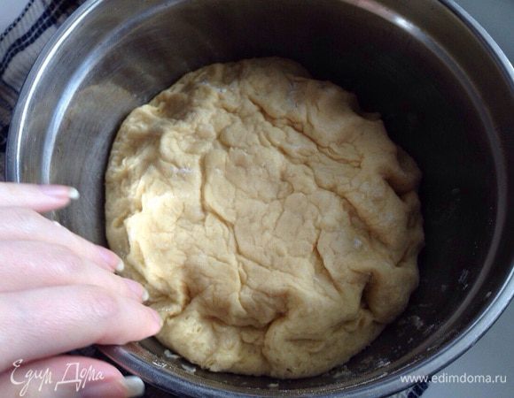 Как тесто поднимется - перекладываем его на присыпанную мукой поверхность. 