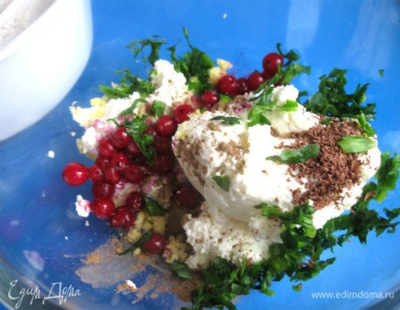 К рикотте добавить цедру, сахарный песок, красную смородину, корицу, шоколад, мускатный орех, лук и петрушку.