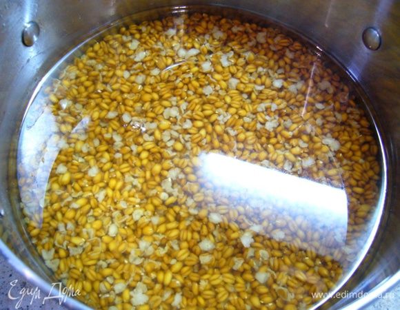 Пшеницу промыть, залить тремя стаканами воды, довести до кипения, варить 5 мин. Оставляем под крышкой на 8 час. (лучше это делать вечером).