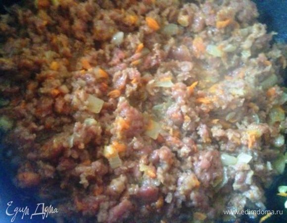 На растительном масле обжарить нарезанный кубиками лук, натертую морковь и мясной фарш до золотистого цвета.