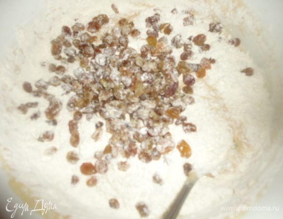 Добавить оставшуюся муку, промытый и высушенный изюм. Замесить тесто и поставить в теплое место для подъема.