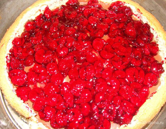 Если хотите бисквит увлажнить, то можно пропитать фруктовым сиропом или соком. Сверху вылить растопленный шоколад. Затем выложить вишневый слой.