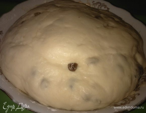 Через час тесто поднимется. Я заранее замачиваю изюм в кипятке на 10 минут, чтобы он стал мягче и с него сошли крупинки, обсушиваю его и высыпаю на рабочий стол. Тесто вытащить из чашки и пройтись сверху по изюму, как бы слегка замешивая. Так собирается весь изюм. Не рекомендуется высыпать его сверху теста и вдавливать потом, так он не распределится равномерно. Ставим тесто с изюмом опять в тепло на 40 минут.