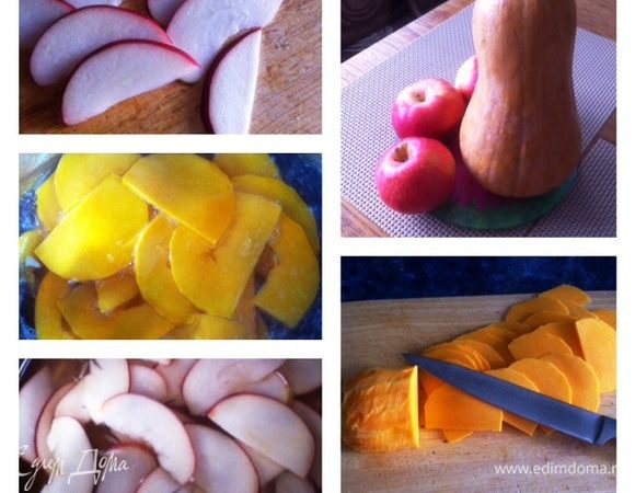 Ставим кастрюлю на плиту, варим сироп из сахара с водой и добавляем корицу и ванилин по вкусу.
Разрезаем яблоко пополам, очищаем от семян и нарезаем тонкими пластинами.
Очищаем тыкву, нарезаем тонкими пластинами по размеру как и яблоко.
Варим в сиропе порциями тыкву, яблоко. Достаем шумовкой и оставляем остывать.