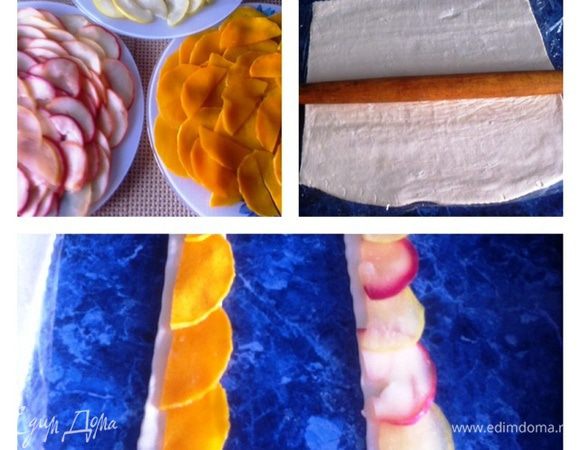 Тесто немого раскатываем, и нарезаем на полоски шириной 2-2,5 см, а длину регулируем в зависимости от желаемого размера розы. У меня были полоски и подлиннее и покороче.
Укладываем на полоски пластины тыквы немного внахлест и сворачиваем рулетиком. Тоже самое проделываем и с яблочными пластинами.