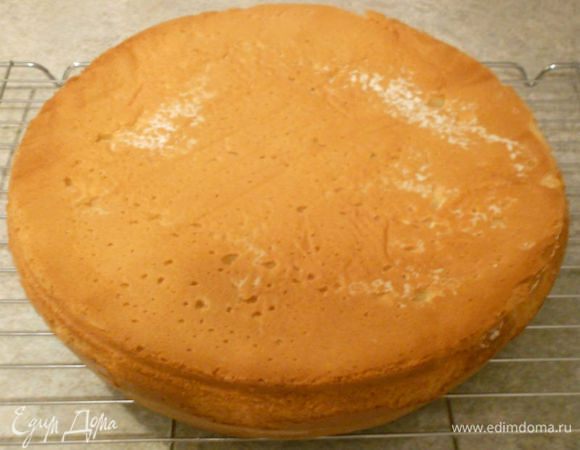Готовый бисквит достать из духовки, нежно поставить форму на стол. Через 10 мин осторожно провести тонким ножом между стенкой формы и бисквитом.
Снять бортик формы, бисквит опрокинуть на чистое полотенце. Когда он немного остынет, снимите дно формы. Оставьте бисквит на ночь отдохнуть. На следующий день его можно будет разрезать на 2 коржа.
