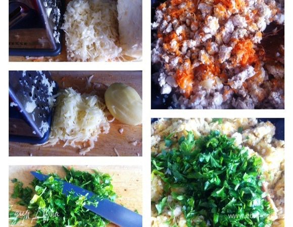 При помощи блендера перемолоть мясо и лук. 
Подготовить овощи (помыть, почистить). 
Разогреть масло в большой сковороде и закинуть мясо, быстро перемешивая фарш обжарить немного. 
Затем закинуть лук. Пока фарш тушится с луком, натираем на мелкой терке морковь и добавляем к фаршу.
Трем на крупной терке капусту (я добавила ее для сочности, можно и не добавлять). Отправляем к фаршу.
Трем картофель и также отправляем к фаршу. Все перемешиваем, солим, перчим по вкусу. Если кажется что суховато можно добавить немного бульона (я добавила просто кипяченной воды). Тушим под крышкой минут 5, перекладываем фарш в другую емкость и оставляем охлаждаться минут 10. Добавляем рубленную зелень по вкусу, в моем случае пучок петрушки.