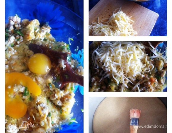 К фаршу добавляем 2 яйца, перемешиваем и в конце добавляем тертый сыр.
Подготовим форму, застелить дно формы пекарской бумагой и обмазать бока  растительным маслом.