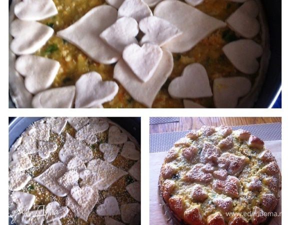 Раскатываем немного тесто, укладываем его в форму, сформировав бортики.
Выкладываем нашу начинку, разравниваем и сверху украшаем по желанию, либо еще пласт теста, либо вырезаем полоски и укладываем по диагонали (у кого на что хватит фантазии). В моем случае пирог подавался на обед 14 февраля, я вырезала сердечки :)
Смазываем пирог сверху взбитым яйцом, посыпаем кунжутом (по желанию).
Отправляем пирог в разогретую духовку до 180С на 35-40 минут. Следим за своей духовкой, я накрывала фольгой, чтобы не сгорел кунжут.