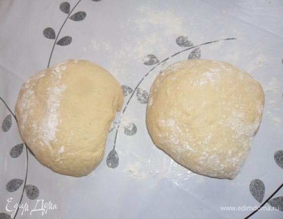 Выкладываем тесто на присыпанную  мукой поверхность, и делим на две части.