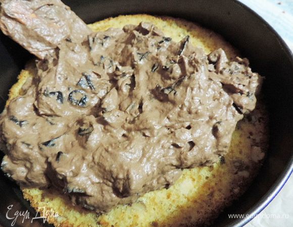 Кладем пропитанный пласт бисквита на блюдо, заключаем его в кулинарное кольцо или бортик разъемной формы, в которой выпекался бисквит. Сверху выкладываем половину сметанный крем-мусса, затем второй пласт бисквита, оставшийся мусс, накрываем бисквитом. Слегка прижимаем рукой торт сверху, чтоб бисквит хорошо соединился с кремом, и отправляем в холодильник на ночь.