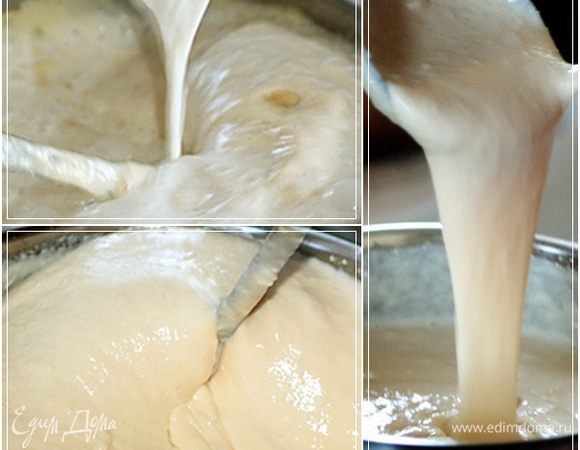 Вскипятим молочка с поллитра. Да и выльем его в тесто. А потом перемешаем, чтобы тесто стало вот таким текучим.