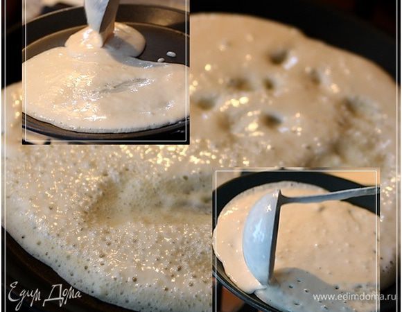 Раскаляем сковороду. Смазываем её маслом растительным. Лучше из виноградной косточки. Растекаем тесто по сковороде.
Да печём-жарим. Сначала с одной стороны, видали, какая наздреватость выявляется! Во как! Правильный блин будет!