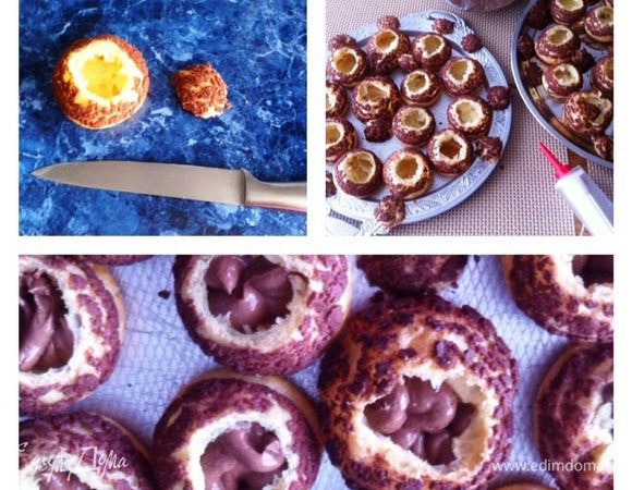 С выпеченных пирожных срезать крышечки, начинить низ шоколадным кремом Anglaise.