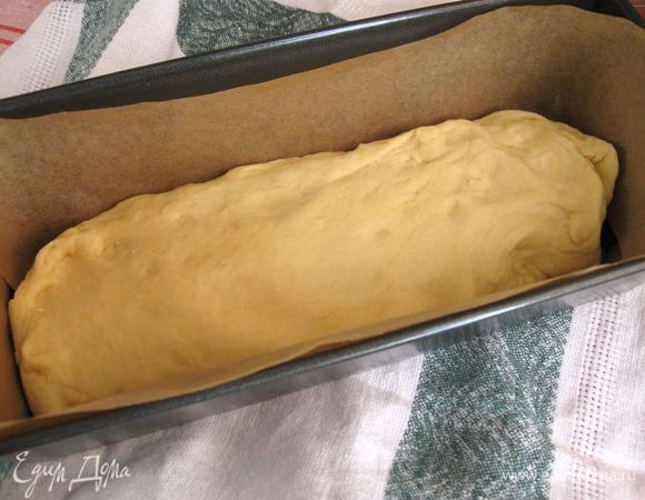 Обмять тесто, форму для выпечки  застелить пекарской бумагой (дно и борта), поместить туда  равномерно тесто. Оставить на 1 час. 