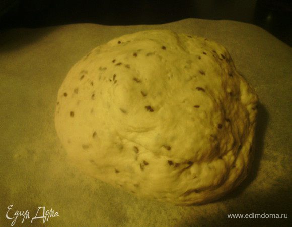 Противень, застеленный пекарской бумагой, присыпать семолиной и выложить тесто шаром. Накрыть полотенцем и оставить на 20 минут. 