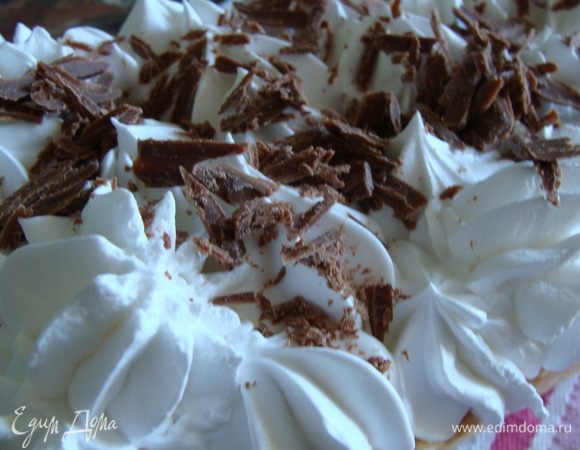 Шоколад порезать тонкими пластинками, выложить на сливки.