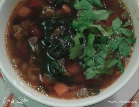  Разлейте суп по тарелочкам, добавьте свежую зелень и вяленый помидор  (вяленые помидоры готовила летом,  в холодильнике отлично сохранились до марта, вот ссылка по их приготовлению: Вяленые помидоры для Галины
http://www.edimdoma.ru/retsepty/65212-vyalenye-pomidory-dlya-galiny)

 Если нет такой заготовки, можно обойтись без нее.

Приятного аппетита!