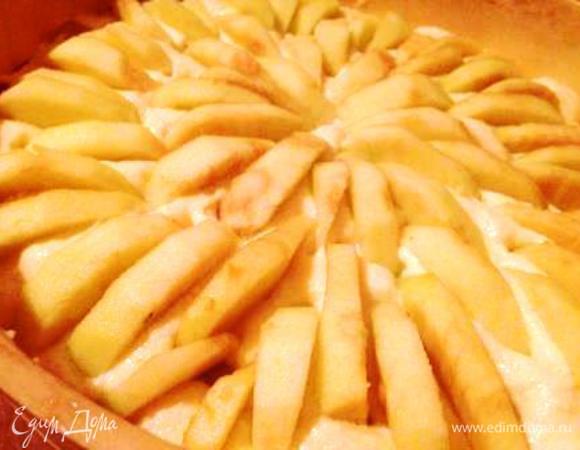 Выложить тесто в смазанную маслом форму 24 см, разровнять.
Сверху плотно распределить дольки очищенных яблок, выпуклой стороной вверх.